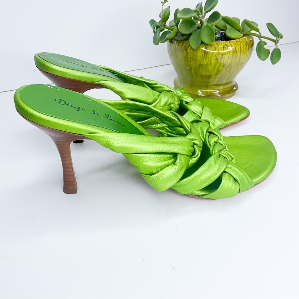 DIEGO DI LUCCA Green Leather Sandals | Metallic Braided Heels | Size 9 - Picture 4 of 8